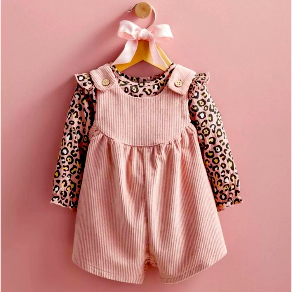 NWT Mud Pie Little Girls Pink Overall  & Leopard Top 2 Pc Set Size 12M-18M